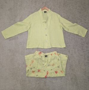 TSD Two Star Dog Light Green Floral Linen Capri Button Shirt & Pant Set MEDIUM